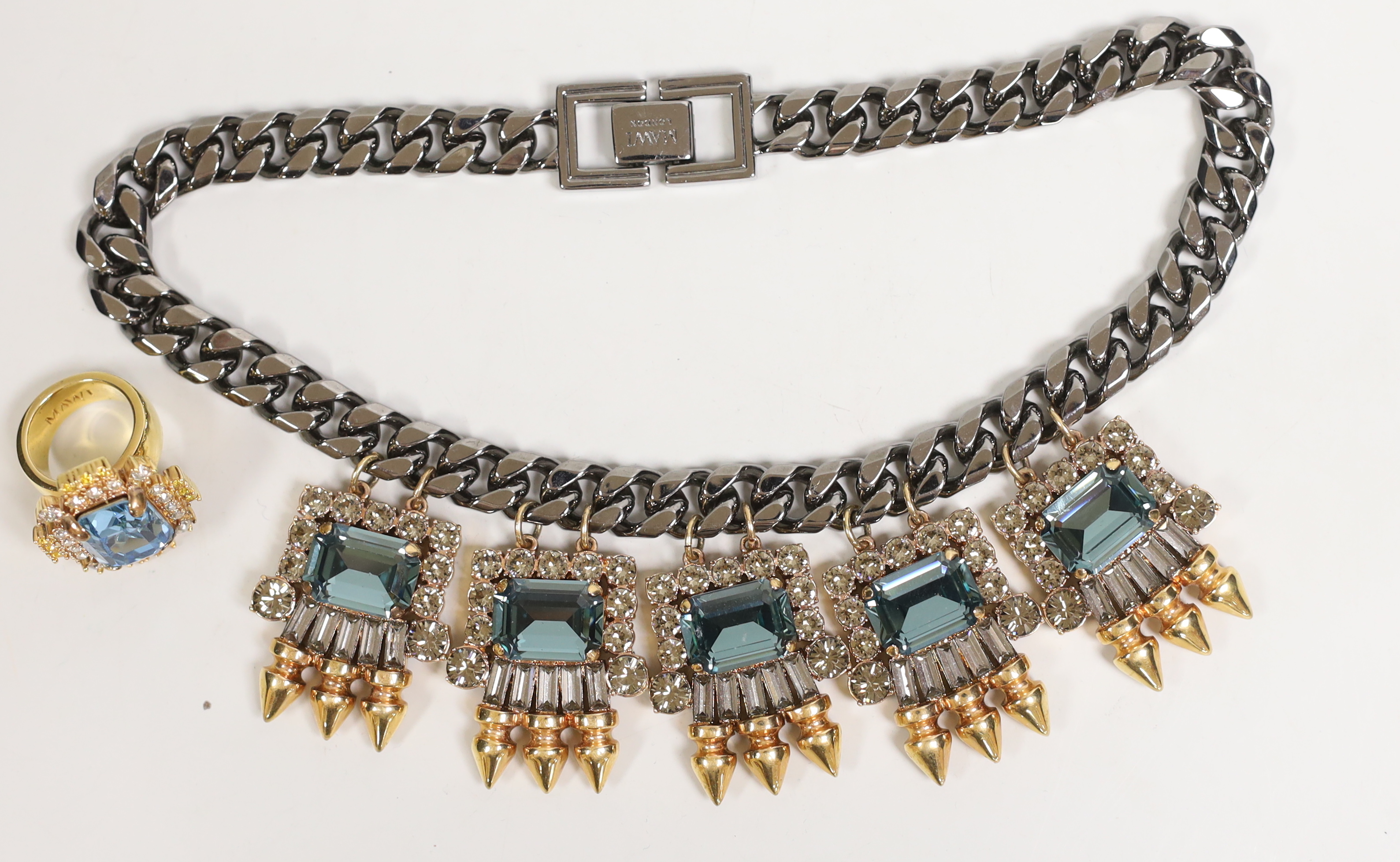 A Mawi of London curb link steel and two colour paste set costume necklace, 48cm, together with a similar gilt metal and three colour paste set dress ring, size N/O.